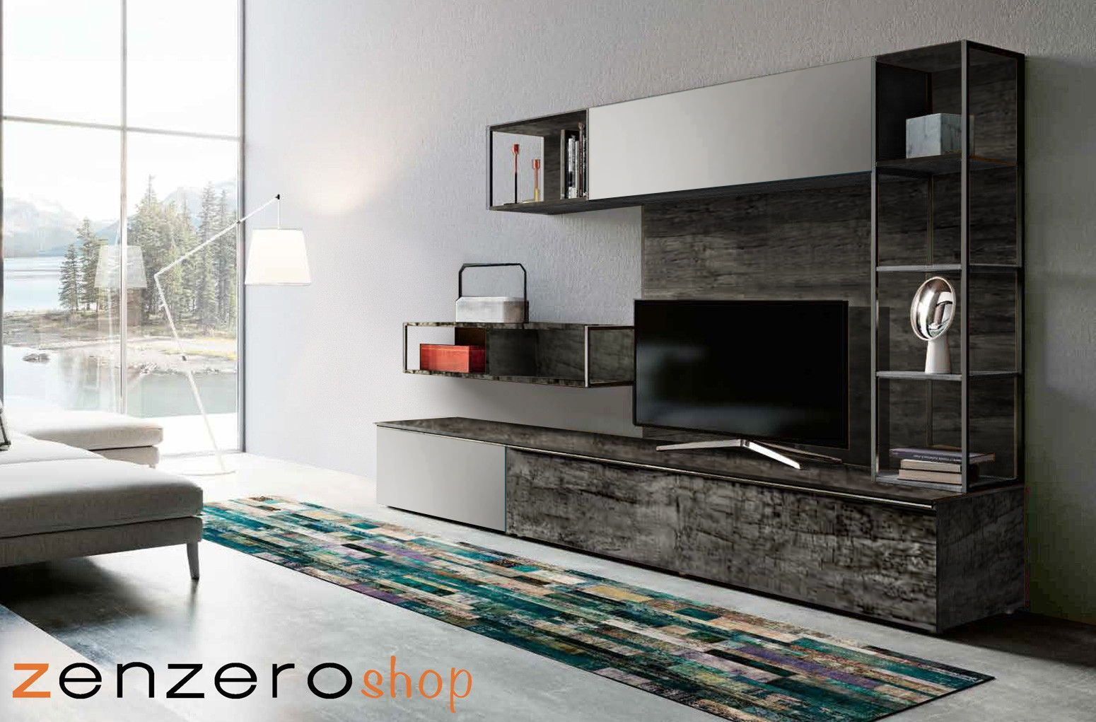 Soggiorno Zenzero, parete attrezzata moderna finitura legno bruciato e grigio seta