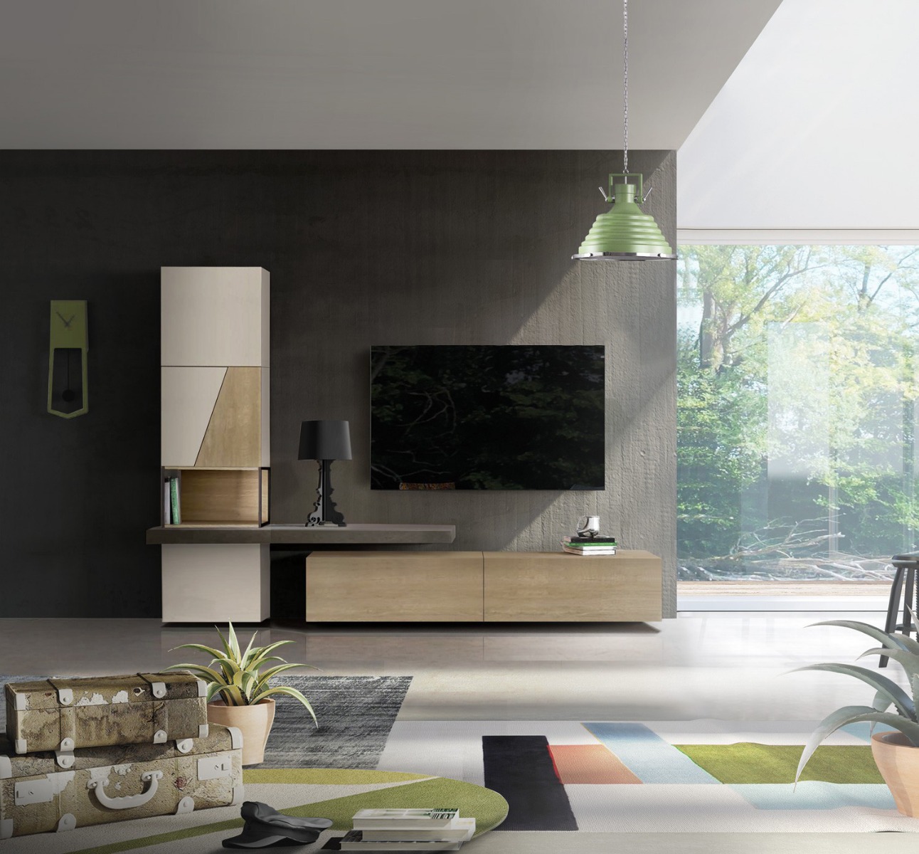 Parete attrezzata industry, con mensolone e vano con telaio in ferro, finitura Rovere sbiancato e quercia