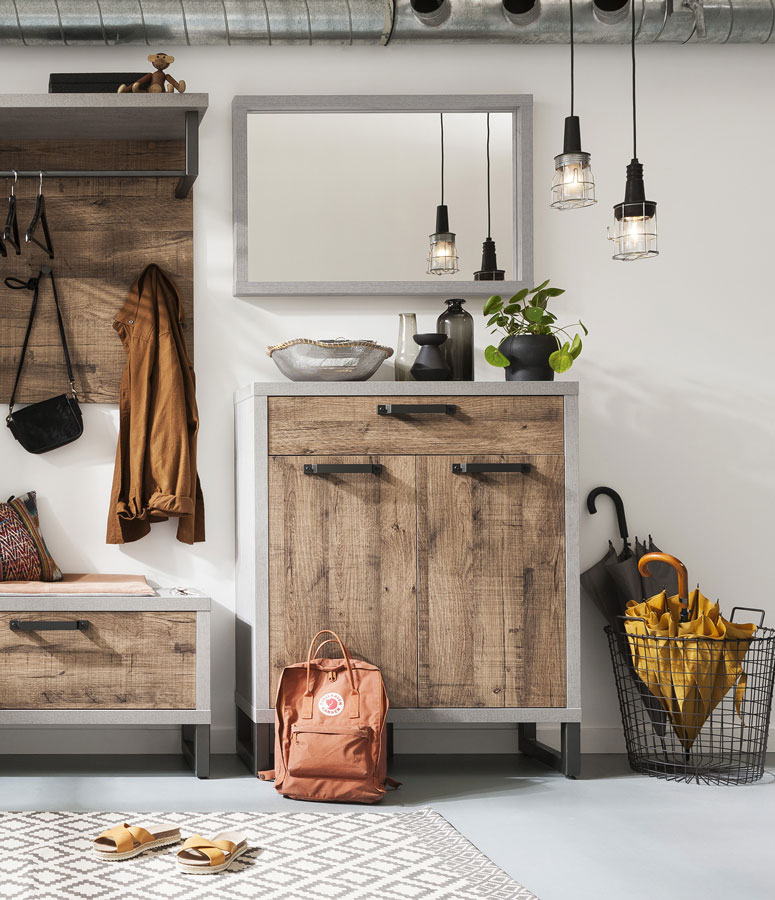 Offerta scarpiera industry, 2 ante + 1 cassetto, cemento e rovere invecchiato