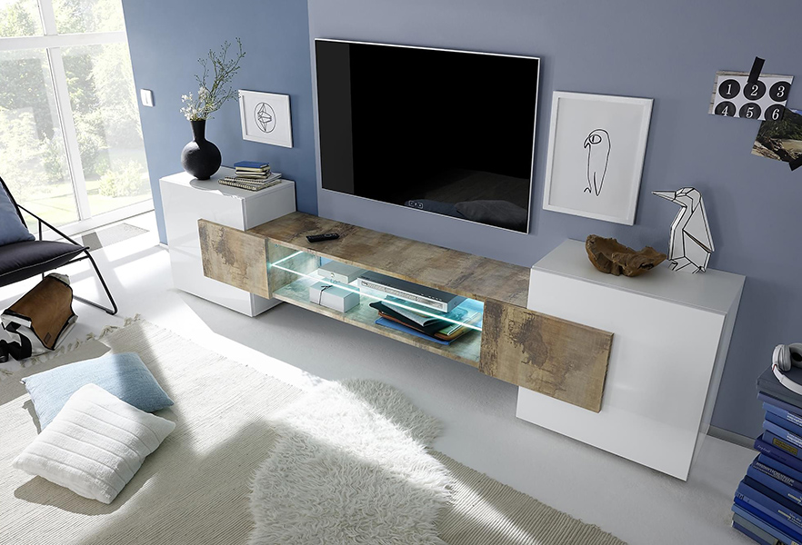 Porta TV con mensola in Bianco Lucido e Pero