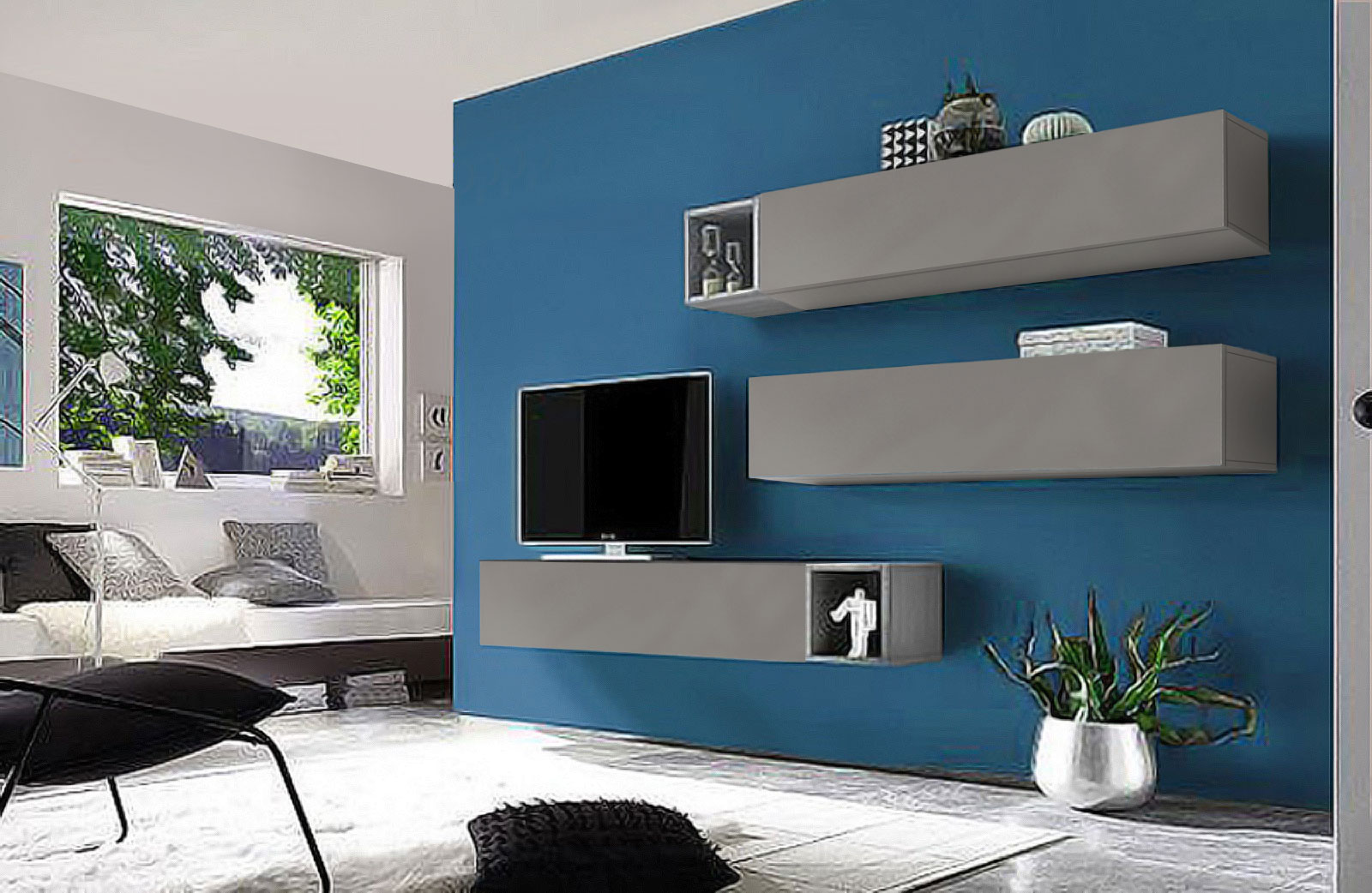 Soggiorno Zenzero moderno, parete attrezzata moderna di design con ribalte Ardesia