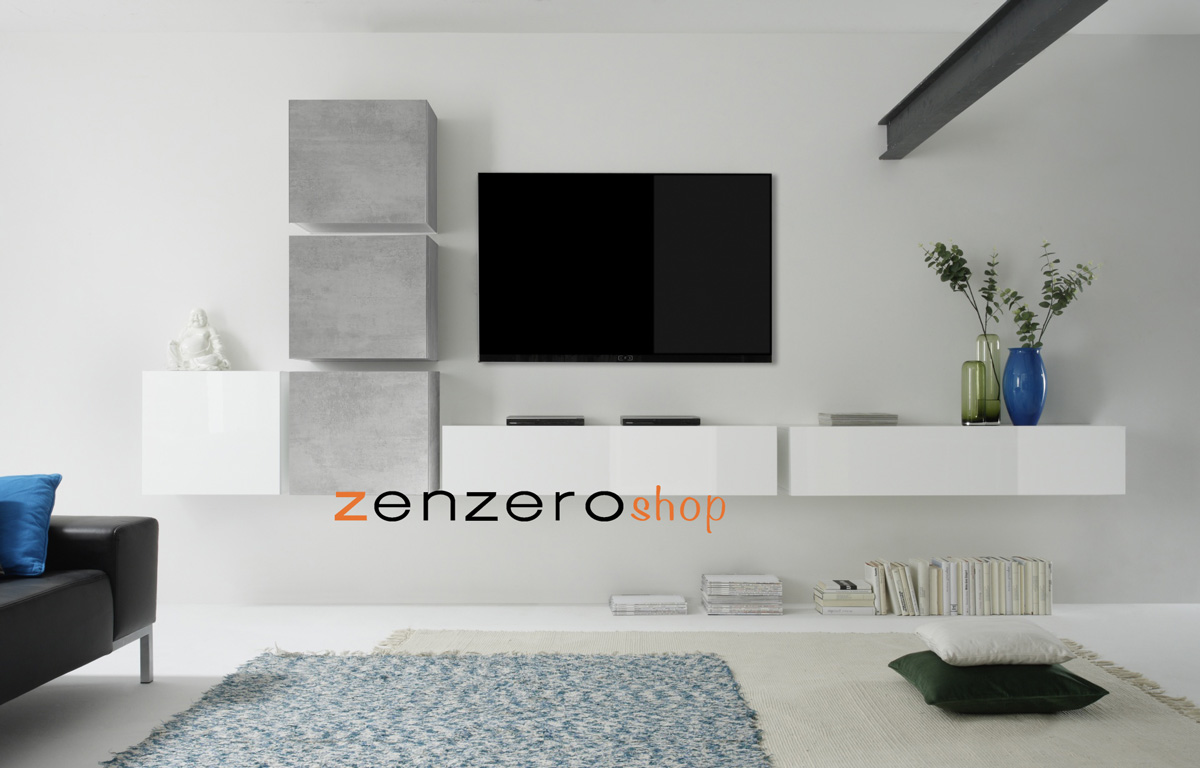 Parete attrezzata con 2 pensili vasistas e ribalte e 4 cubi, finitura Bianco Lucido e Gesso