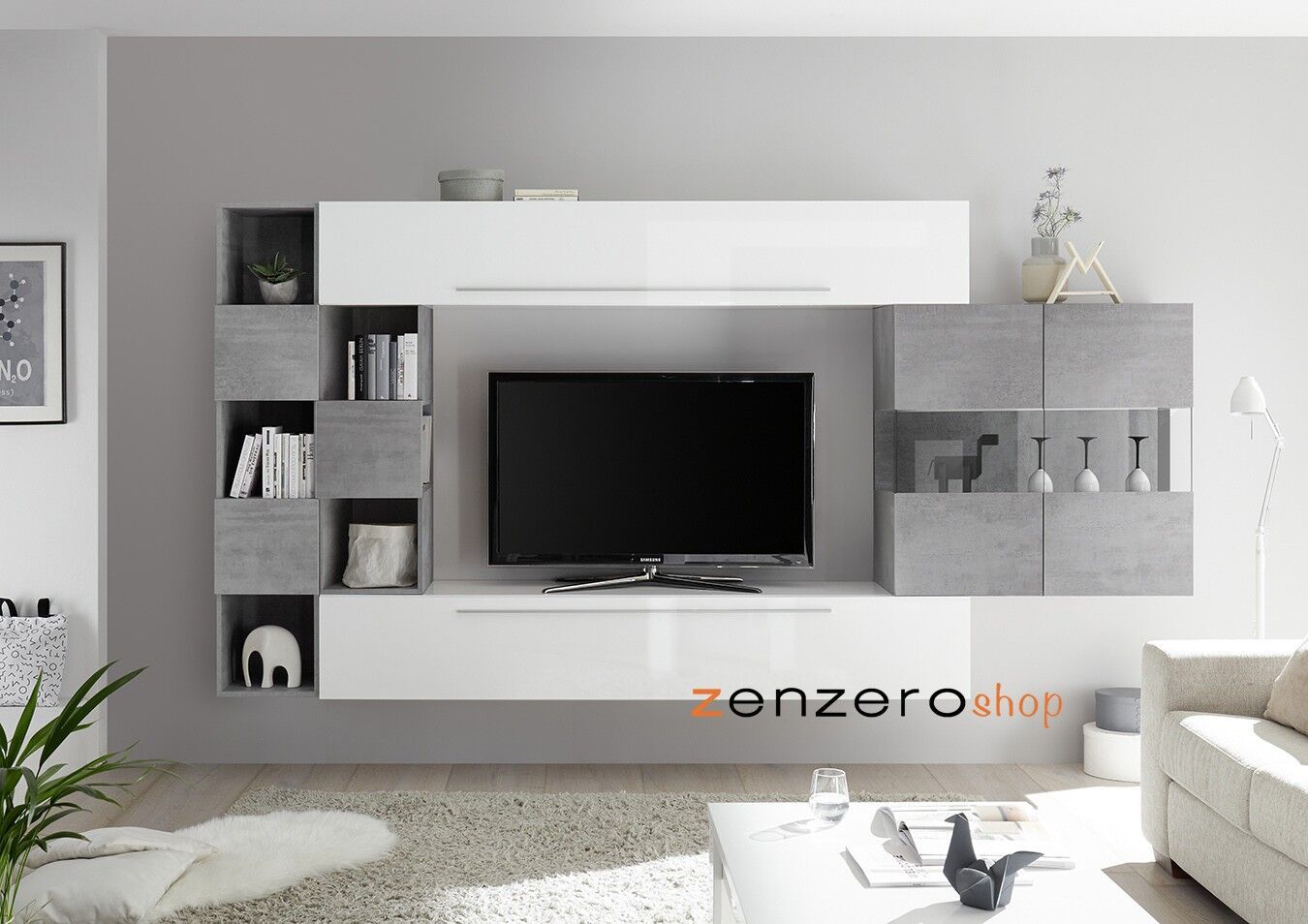 Parete attrezzata moderna con vetrina, finitura Bianco lucido e Beton