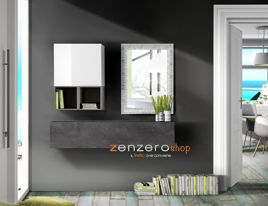 Mobile da ingresso completo con specchio, finitura, Bianco Lucido, Ossido, Beton e Argento