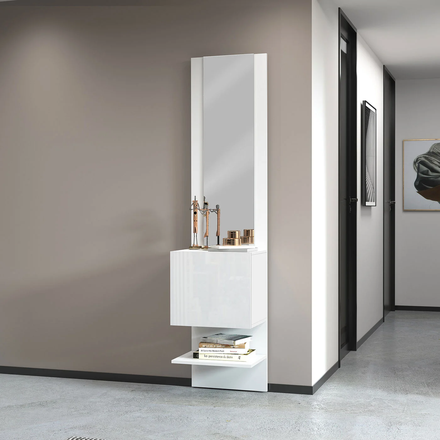 Pannello Specchiera con elemento ad 1 Anta Battente, 45x191x35 h cm, Bianco laccato lucido