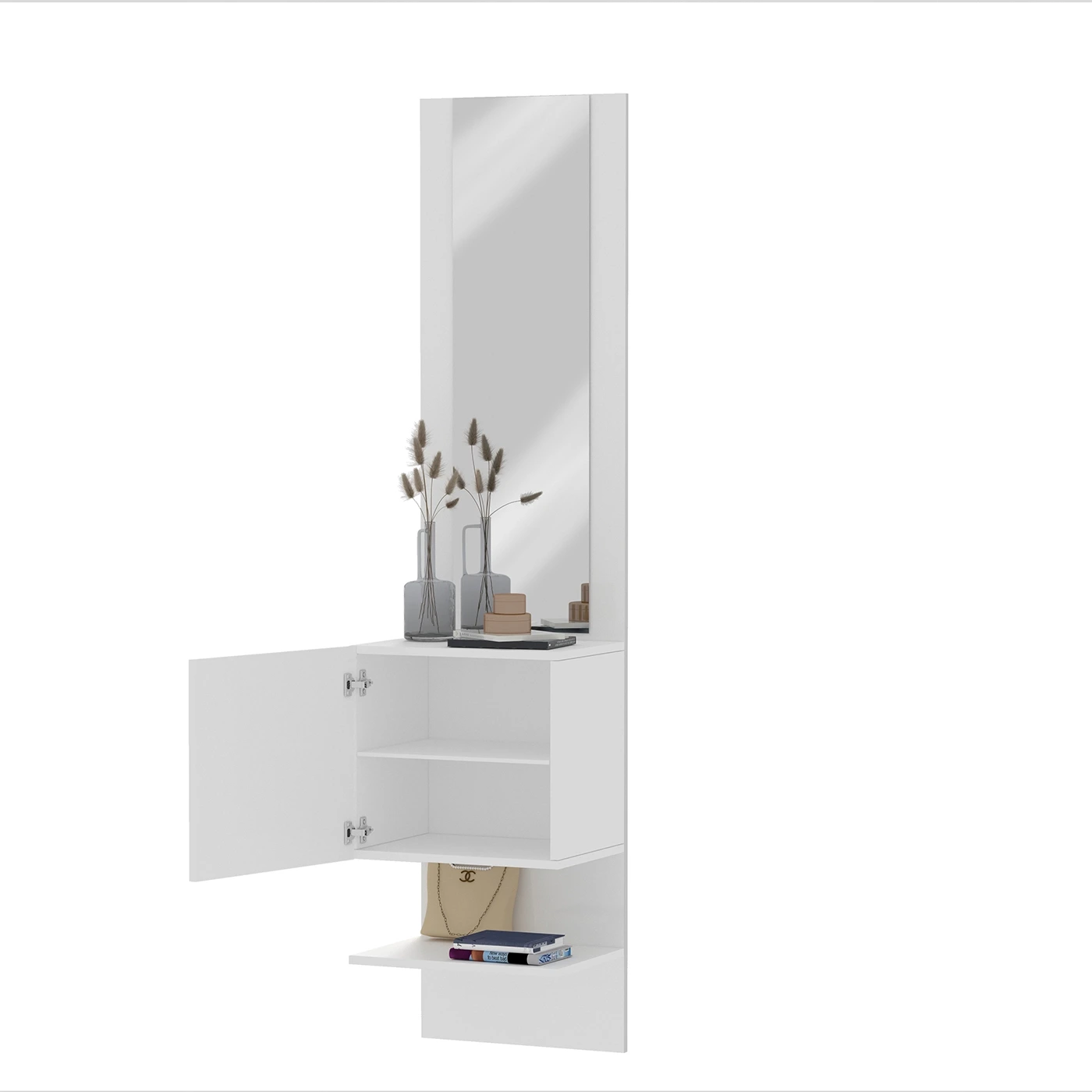 Pannello Specchiera con elemento ad 1 Anta Battente, 45x191x35 h cm, Bianco laccato lucido