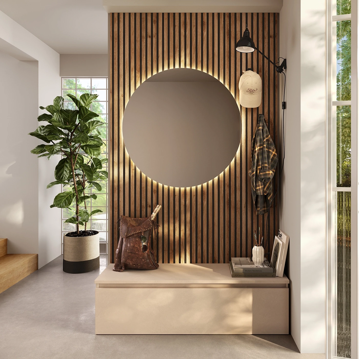 Ingresso moderno con boiserie cannettata, specchio e base, Cashmere e Mercure