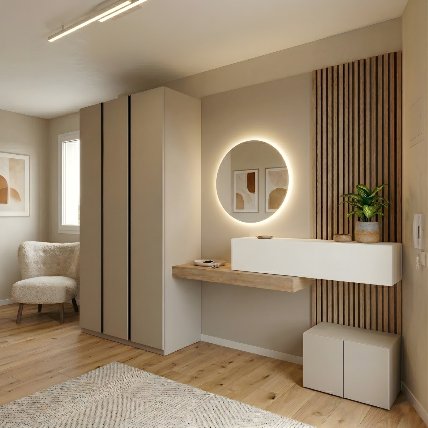 Ingresso moderno con mensolone, panca, ribalta e boiserie