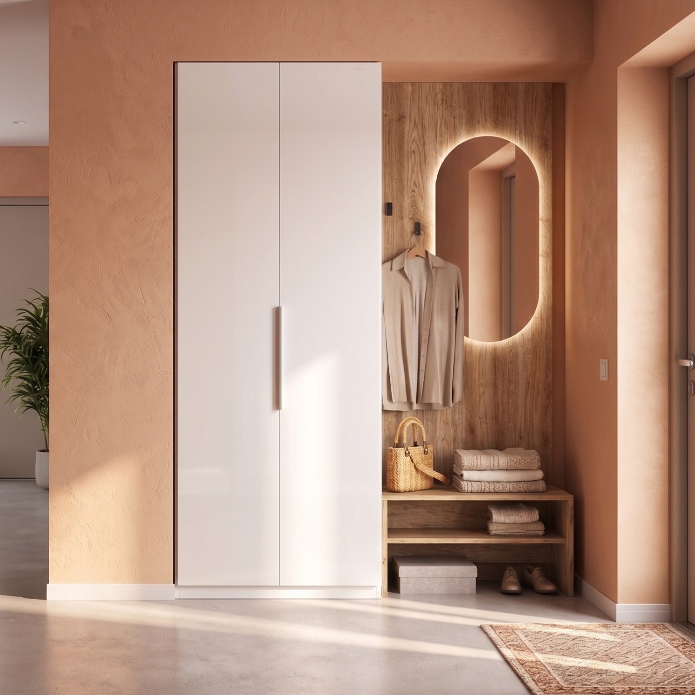 Ingresso con boiserie, panca e armadio, Bianco lucido e Cadiz 