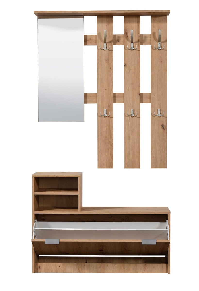 Mobili ingresso con scarpiera, specchiera e appendiabiti, Rovere, scontato
