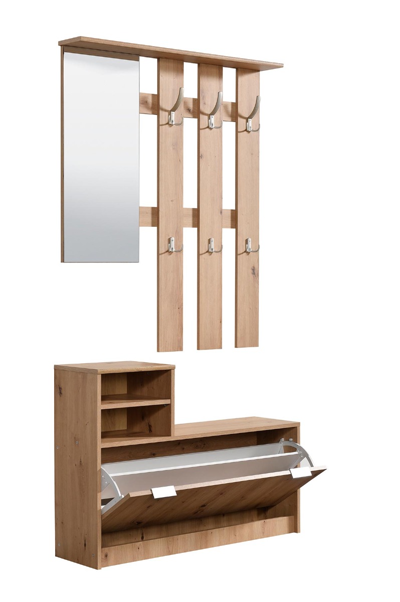 Mobili ingresso con scarpiera, specchiera e appendiabiti, Rovere, scontato