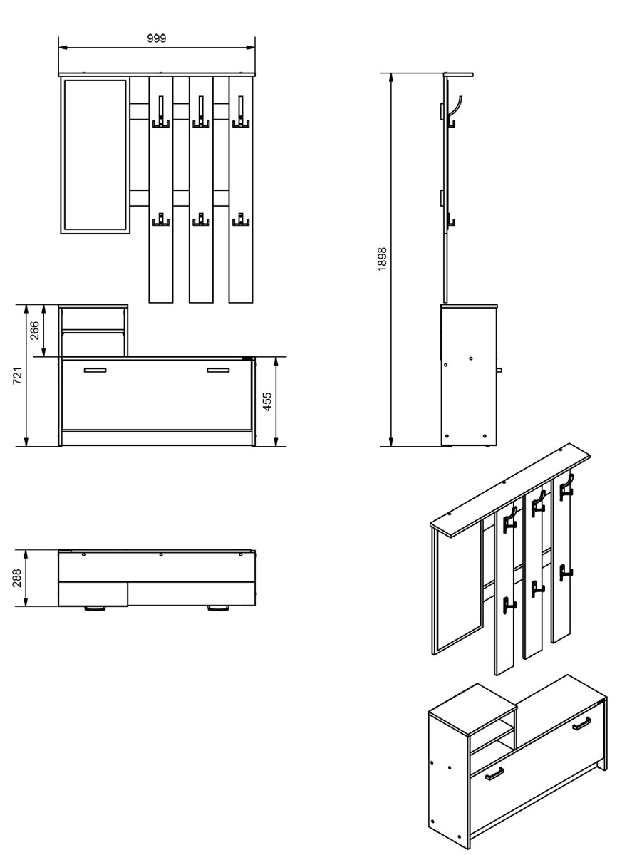 Mobili ingresso con scarpiera, specchiera e appendiabiti, Rovere, scontato