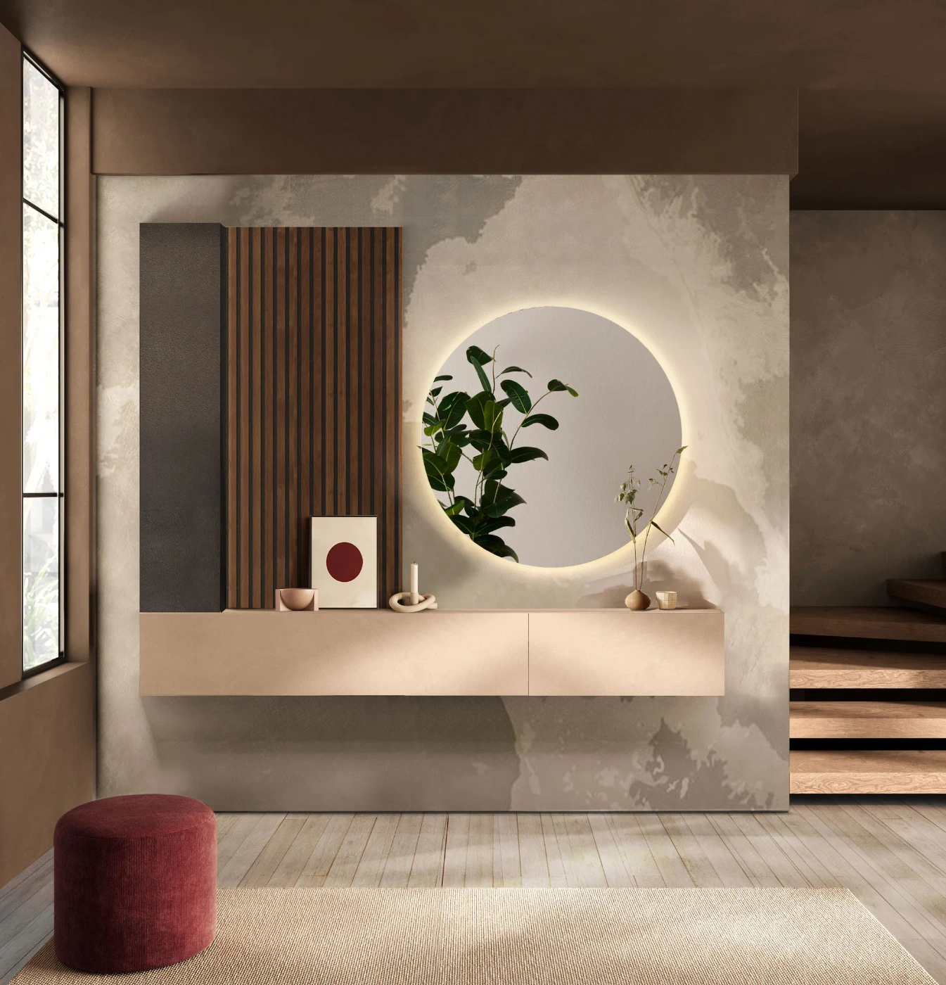 Ingresso con specchio retroilluminato, pensili e boiserie, Mercure cannettato, Cashmere e Lava