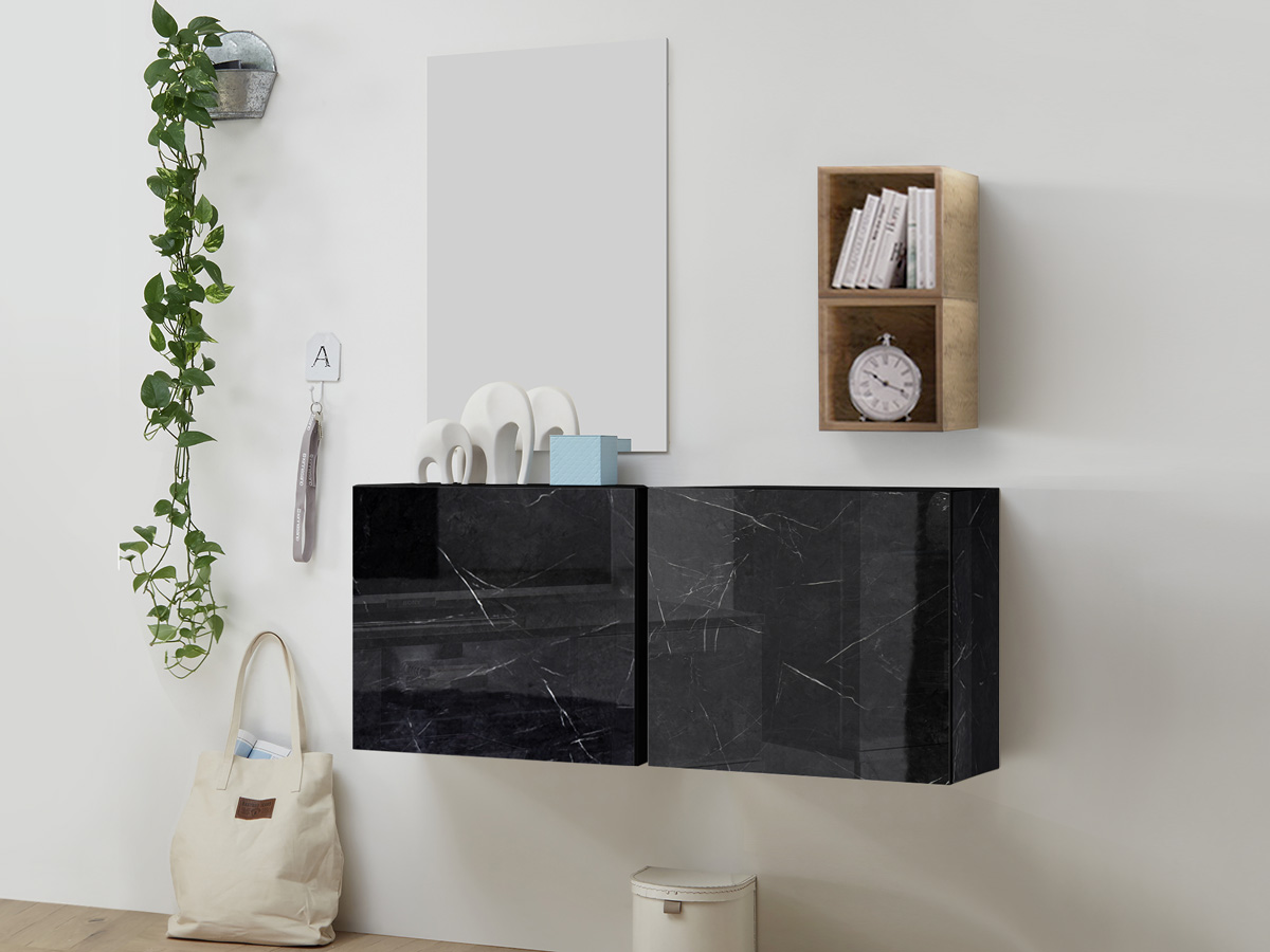 Mobile da ingresso con coppia di cubi, vani e specchio, finitura Marmo lucido e Miele