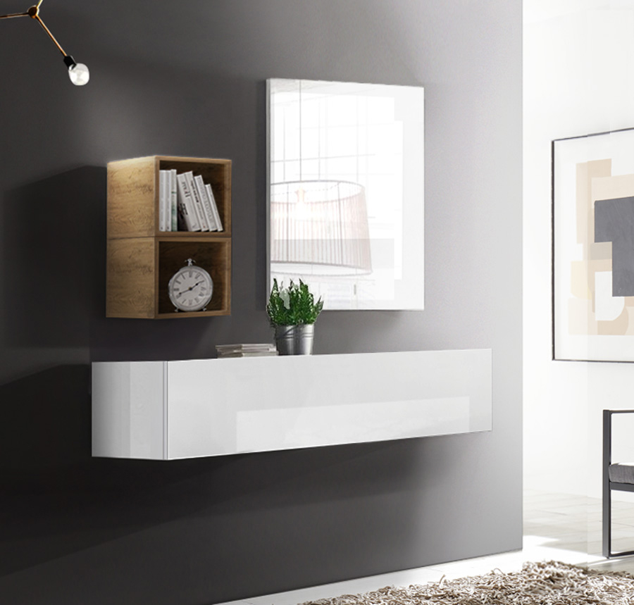 Mobile da ingresso con ribalta, vani e specchio, finitura Bianco lucido e Miele