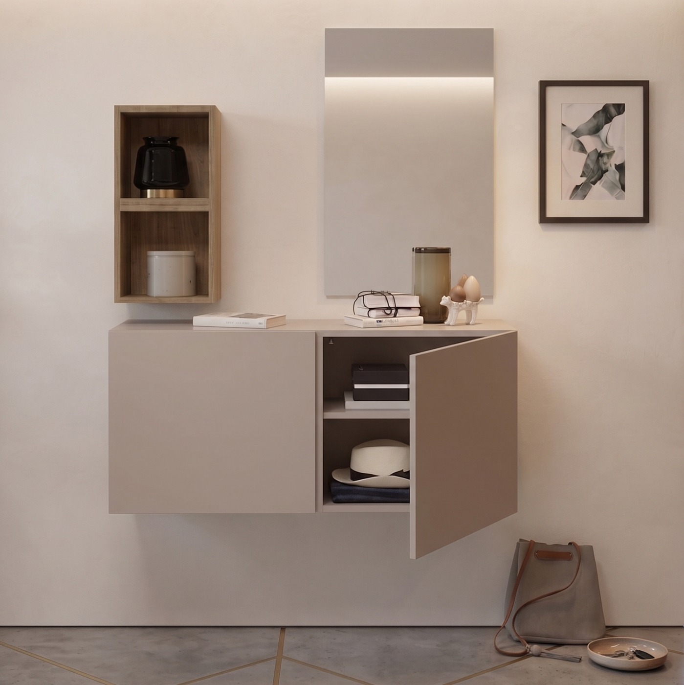 Mobile da ingresso con coppia di cubi, vani e specchio, Cashmere e Cadiz