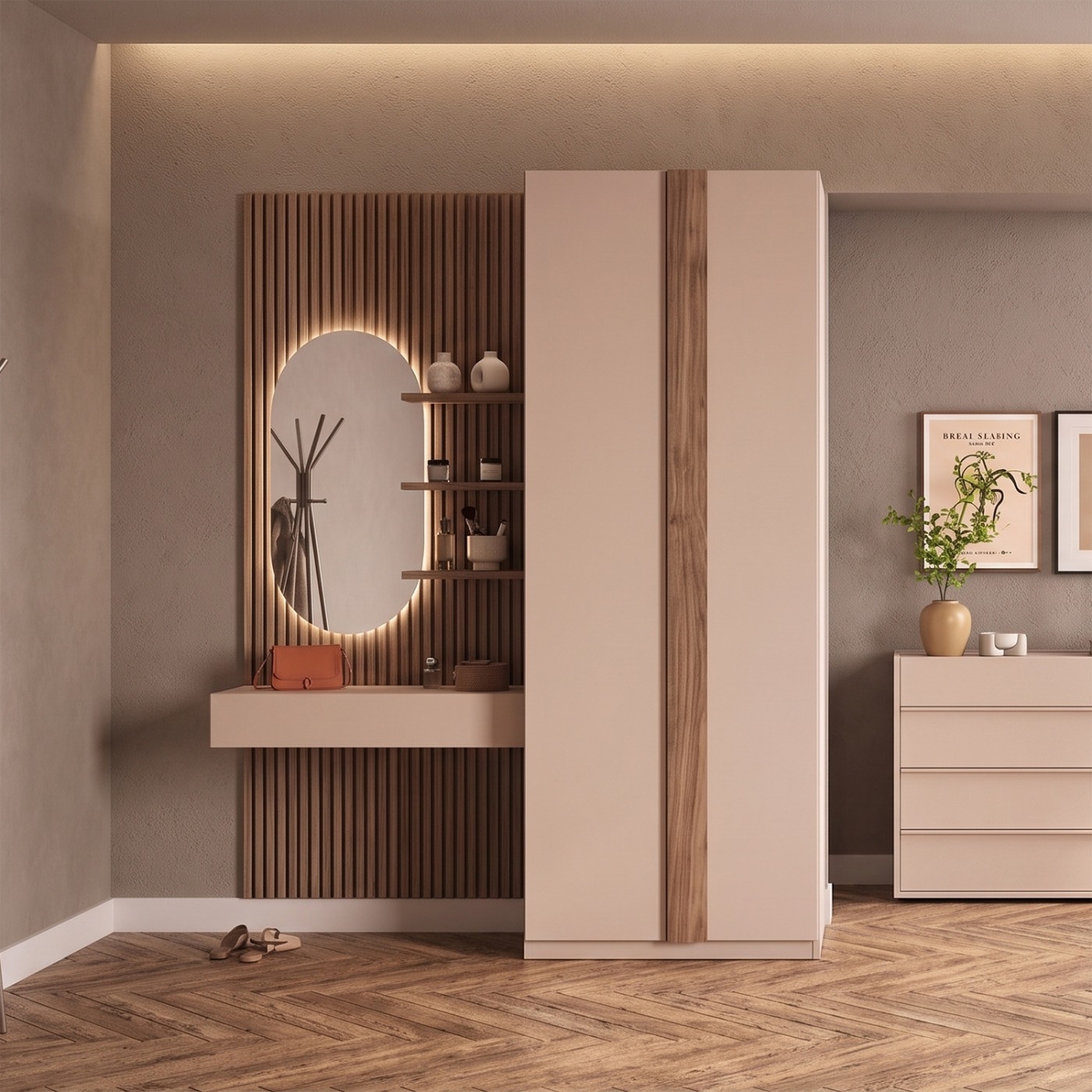 Ingresso con boiserie e armadio, Noce caramello e Cashmere