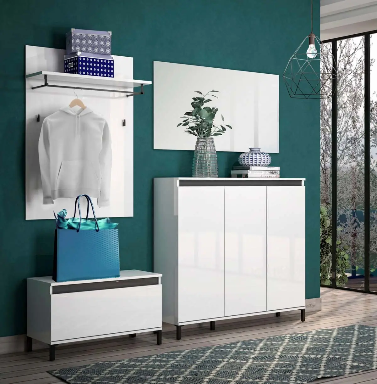 Madia moderna a 3 ante, Bianca lucida con dettaglio Ardesia