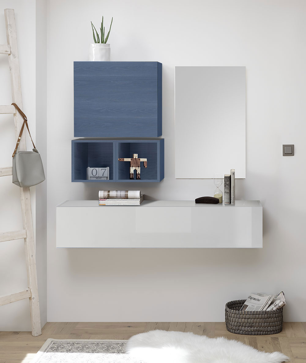 Moderna Composizione d'Ingresso, con pensili, vani e specchiera, Blu Essenza