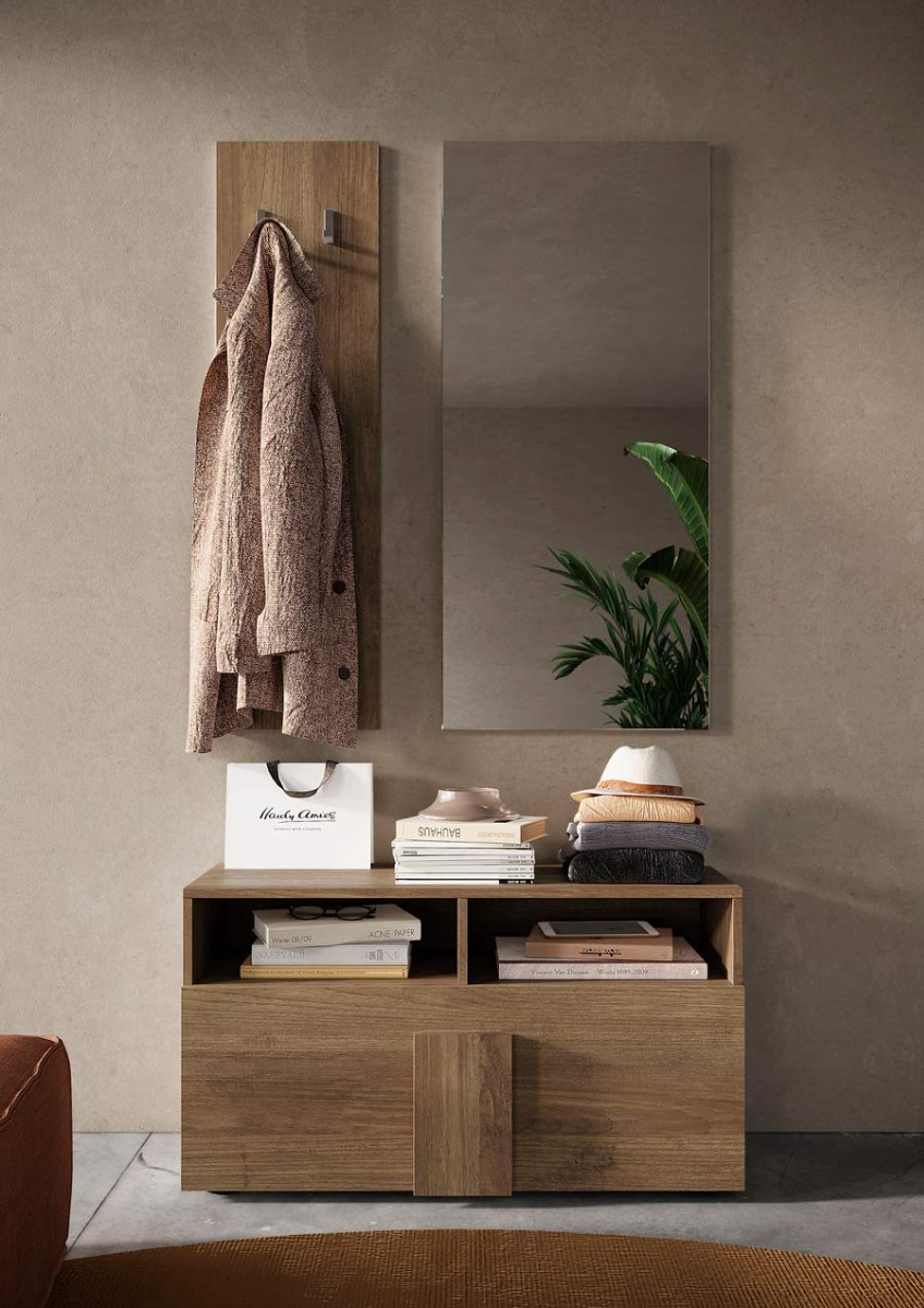 Composizione da ingresso formata da una panca, un pannello porta abiti e uno specchio Mercure