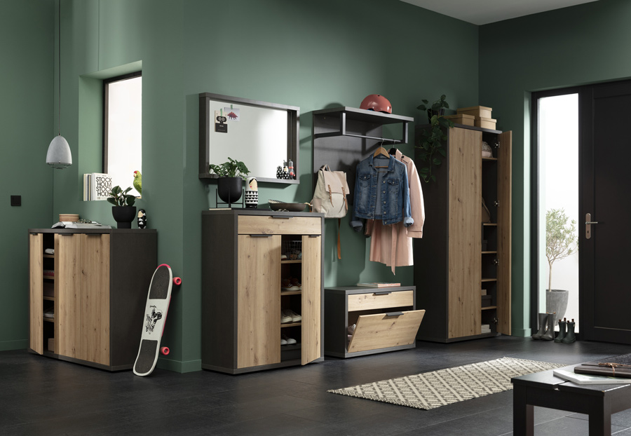 Armadio due ante Rovere chiaro e Grigio smoke, Made in Italy