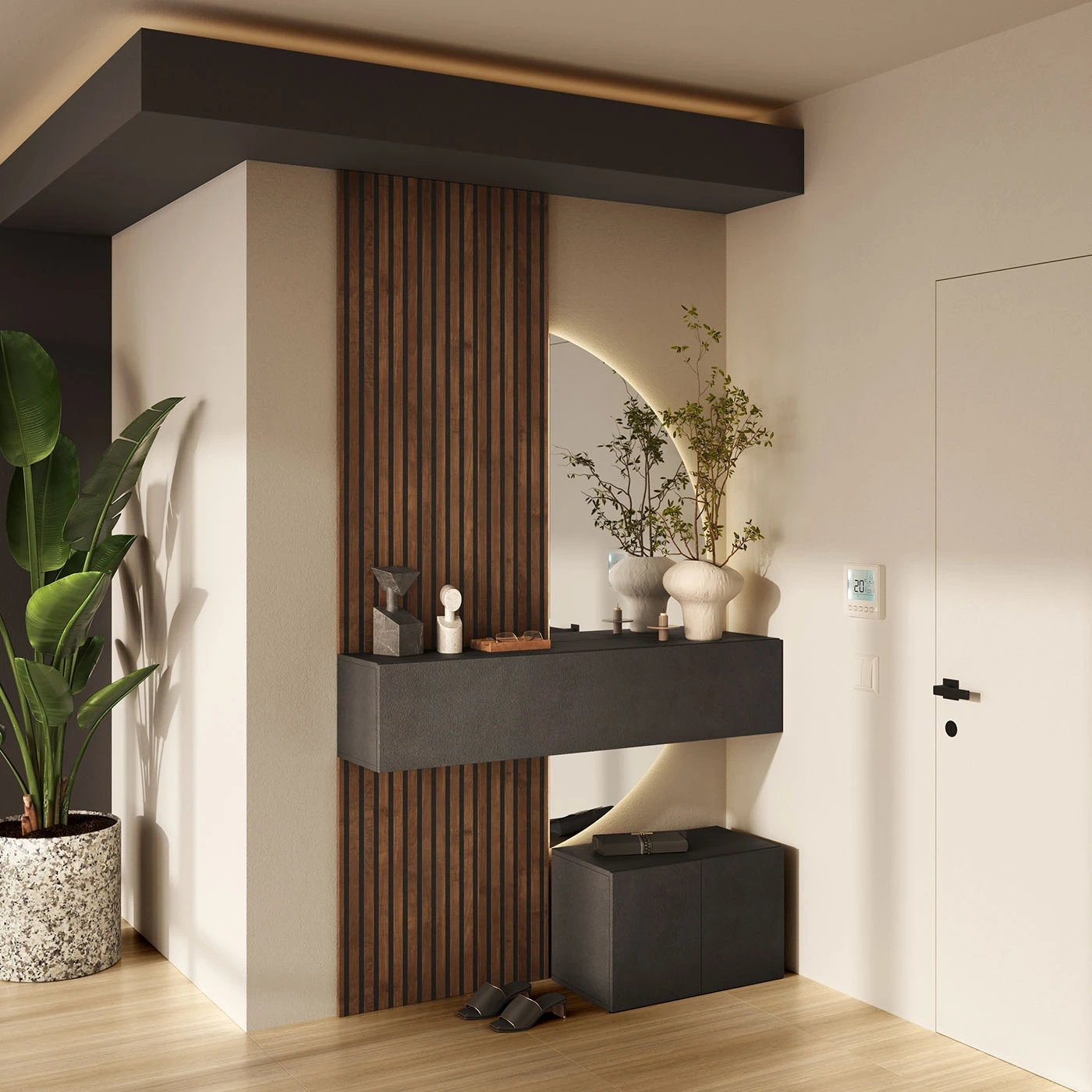 Ingresso con specchiera mezza luna Moon, panca e ribalta, Lava e Mercure cannettato L.138 H.241 P.30