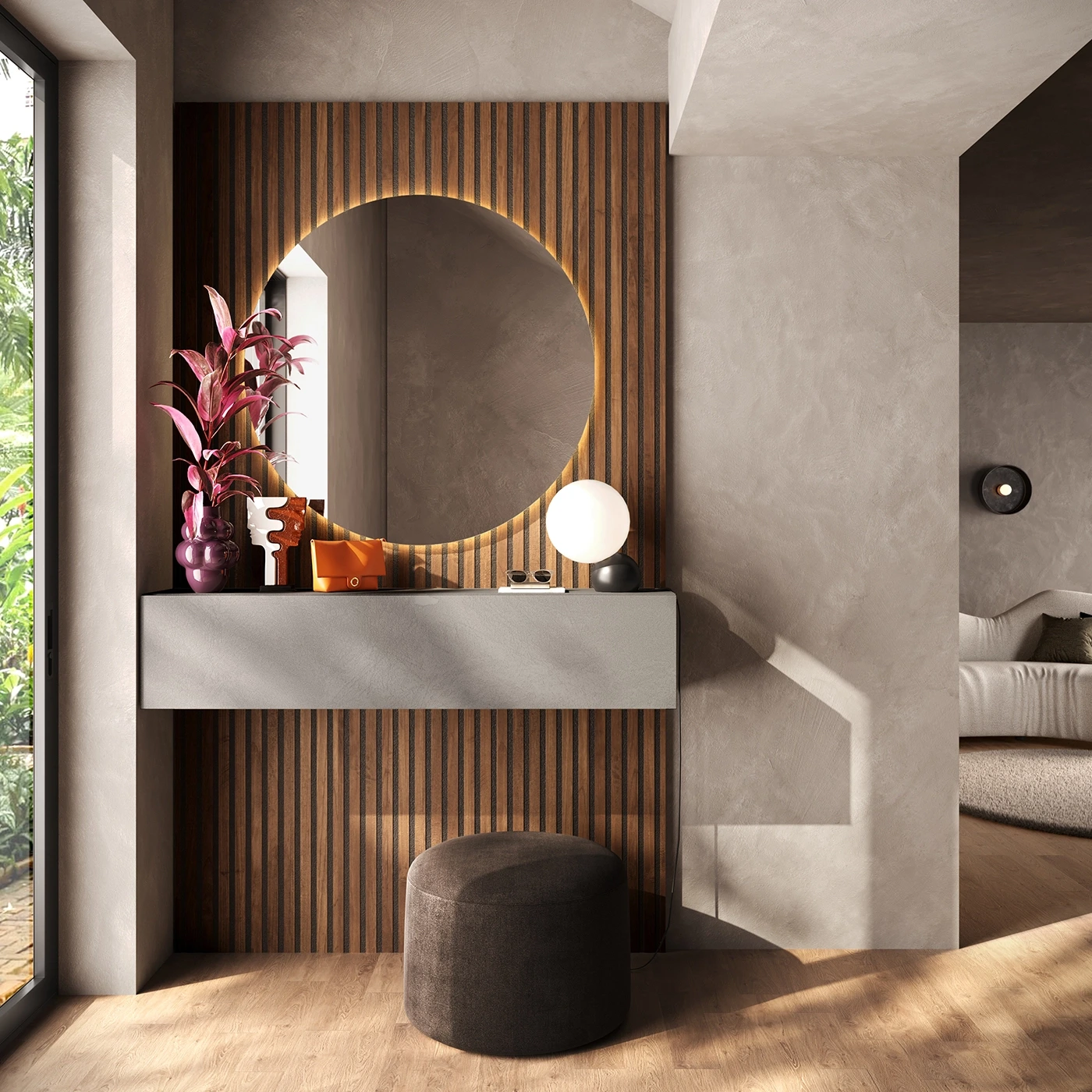 Ingresso con specchio, pensile e boiserie cannettata, Mercure e Ardesia