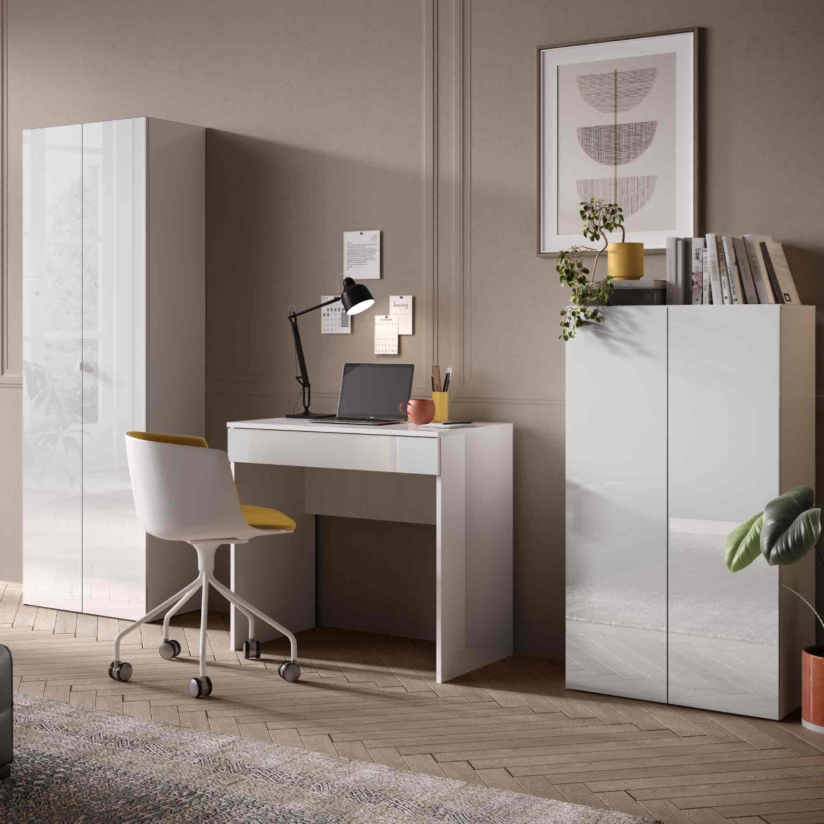 Ufficio Made in Italy composto da una madia, armadietto e una scrivania, finitura Bianco lucido