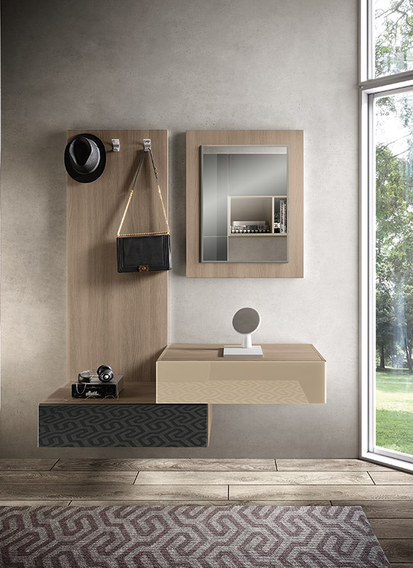 Ingresso moderno Gufo in finitura Olmo, Vetro sabbia e Vetro antracite