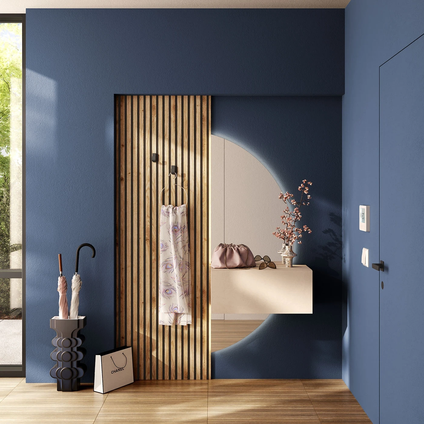 Ingresso moderno con boiserie, specchiera mezzaluna Moon, ribalta, Cashmere e Cadiz cannettato