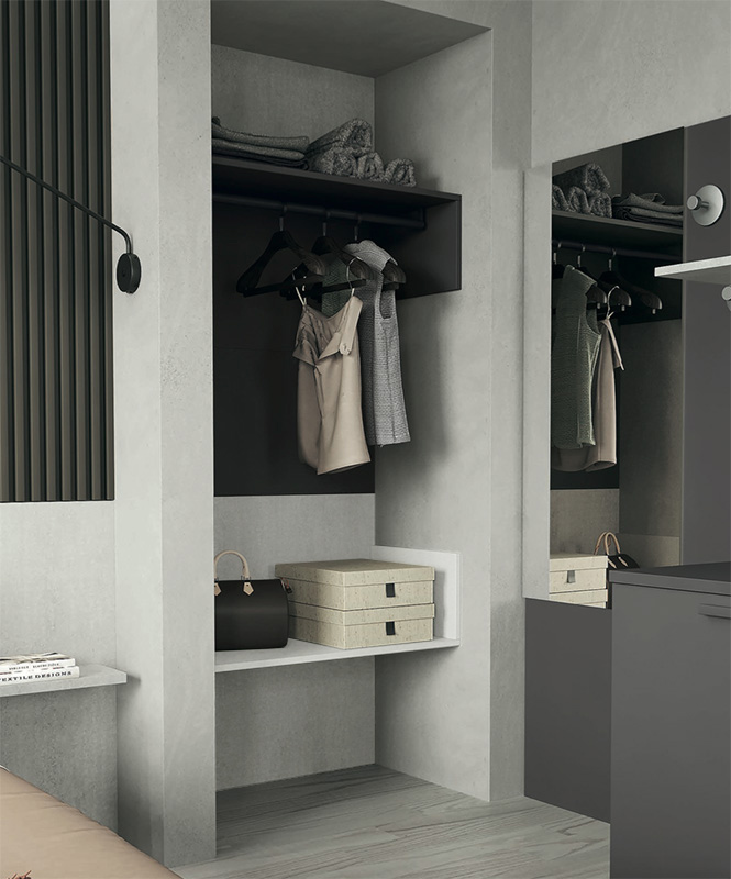 Cabina aperta per ingressi  in finitura Cemento Artico e Grigio titanio