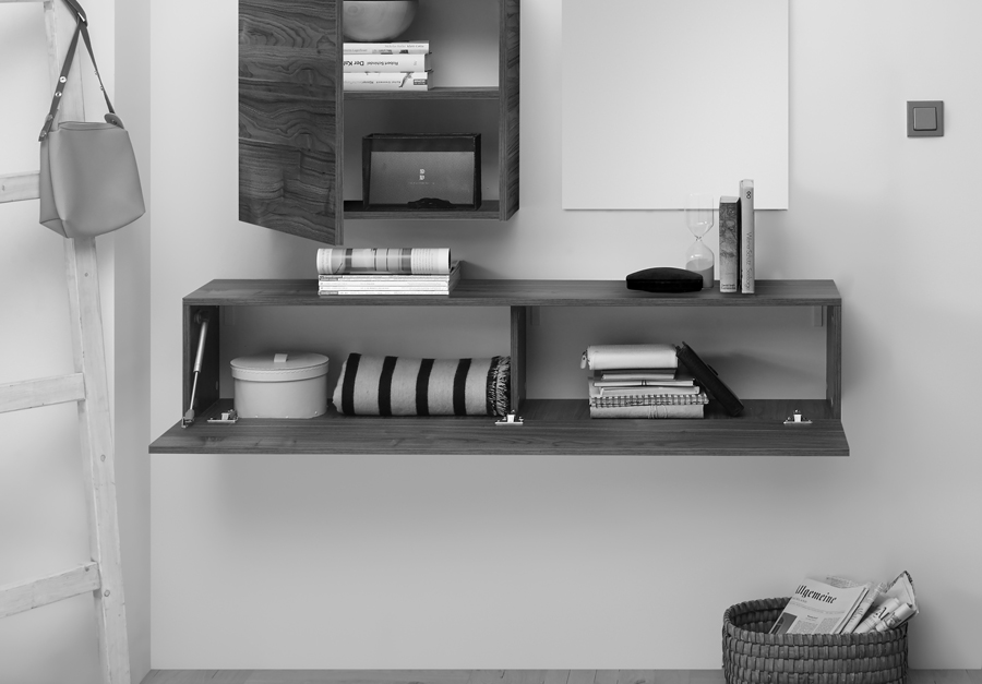 Moderna Composizione d'Ingresso, con pensili, vani e specchiera, Bianco Lucido