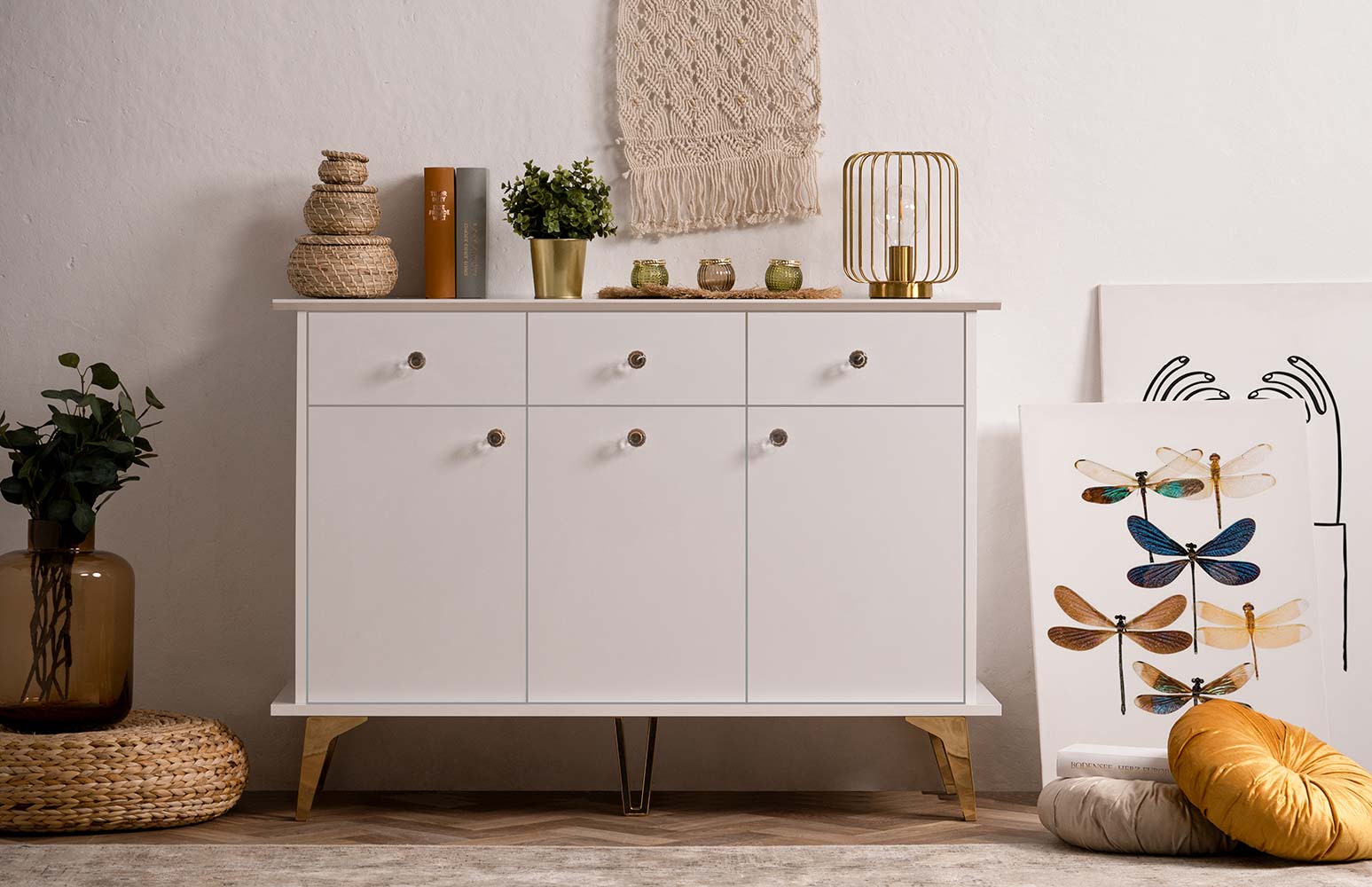 Soggiorno Oslo composto da 3 madie e un porta tv in finitura bianco e oro