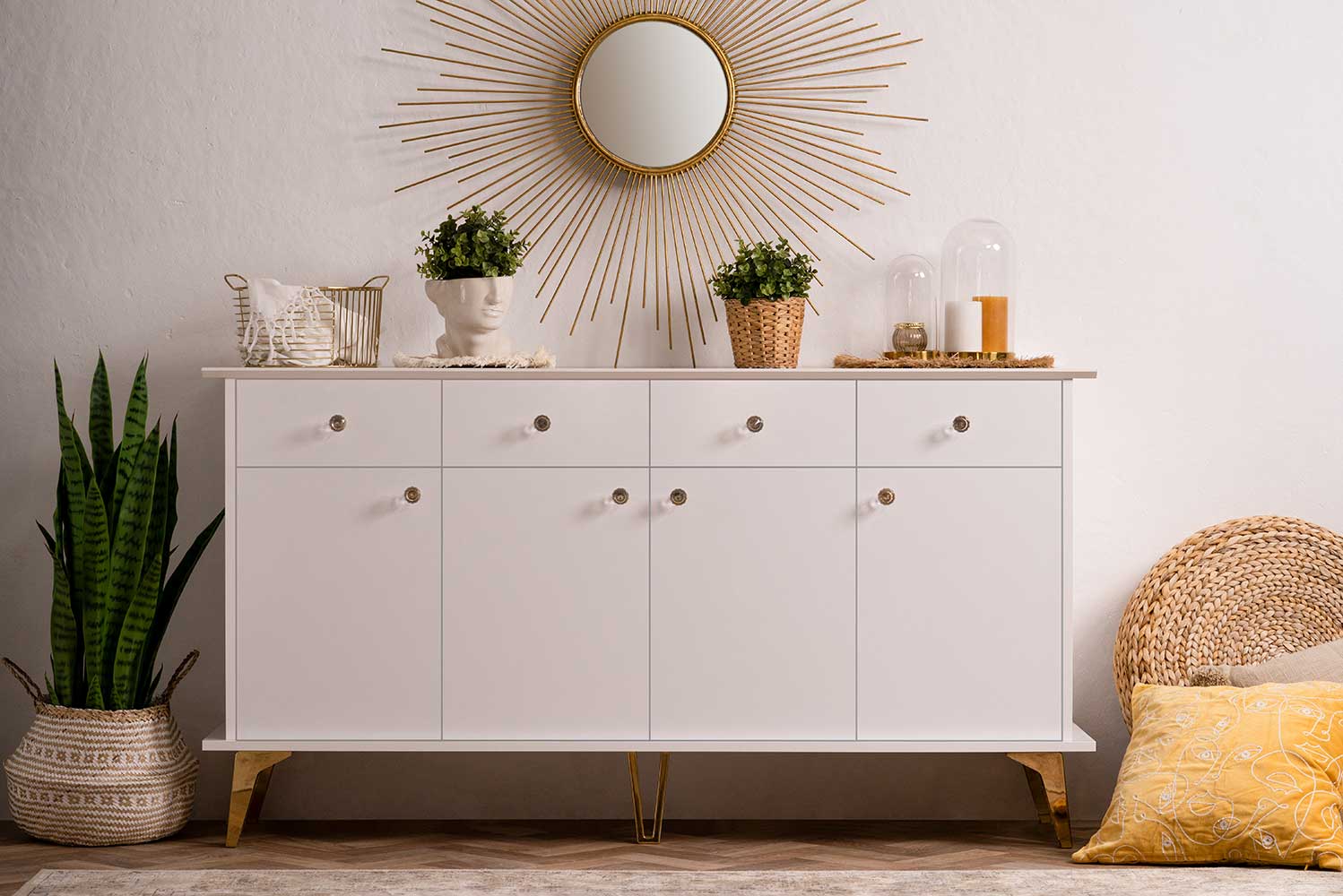 Soggiorno Oslo composto da 3 madie e un porta tv in finitura bianco e oro