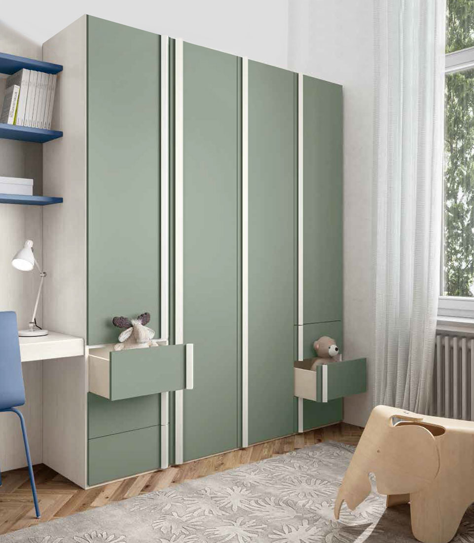 Armadio moderno 4 ante battenti e 6 cassetti in Larice Bianco e Agave