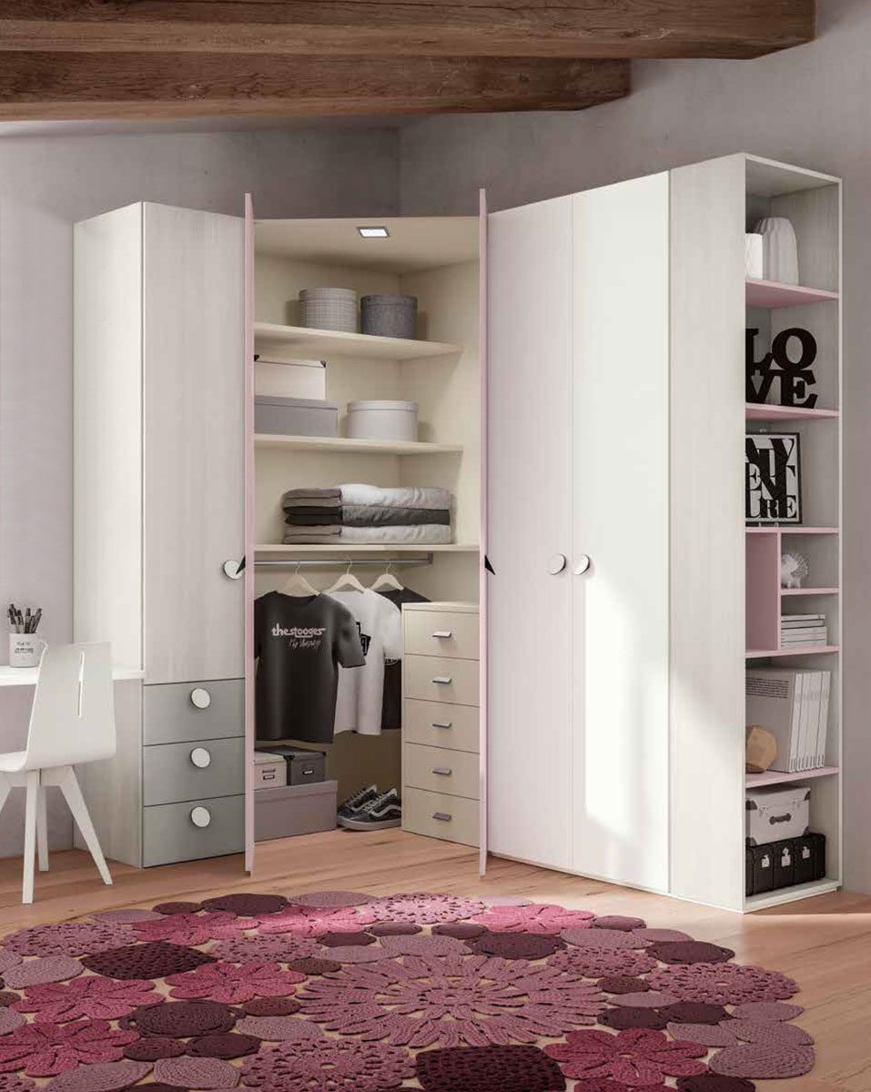 Armadio ad angolo rosa confetto con cassetti e ante battenti