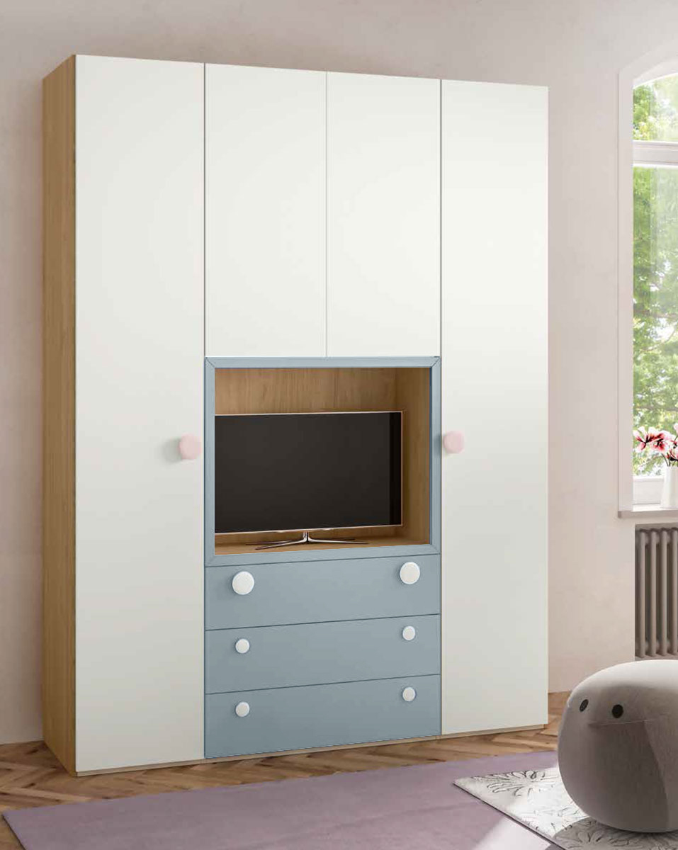 Armadio Noce biondo e Carta da zucchero con 4 ante e 3 cassetti e Vano TV
