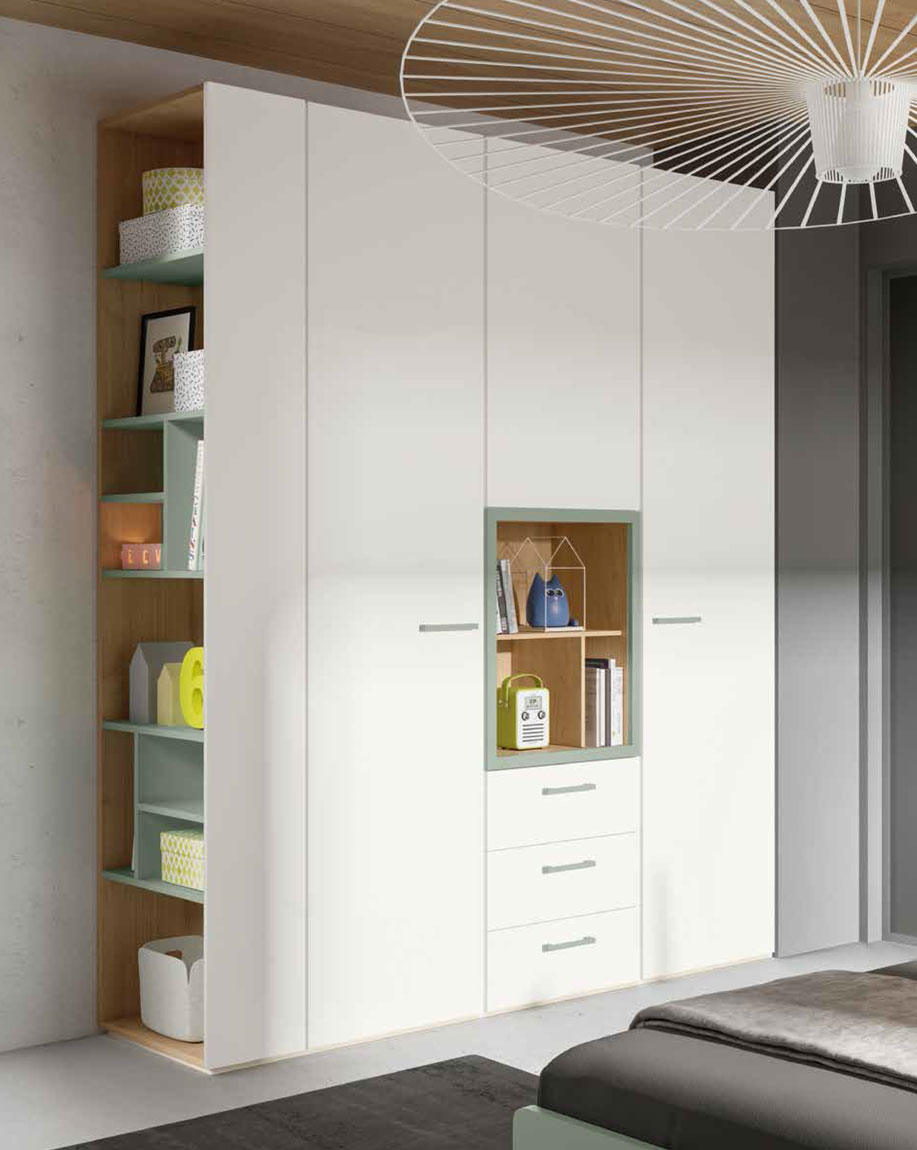 Armadio moderno 3 ante 3 cassetti con vano a giorno al centro, colore Bianco e Noce Biondo