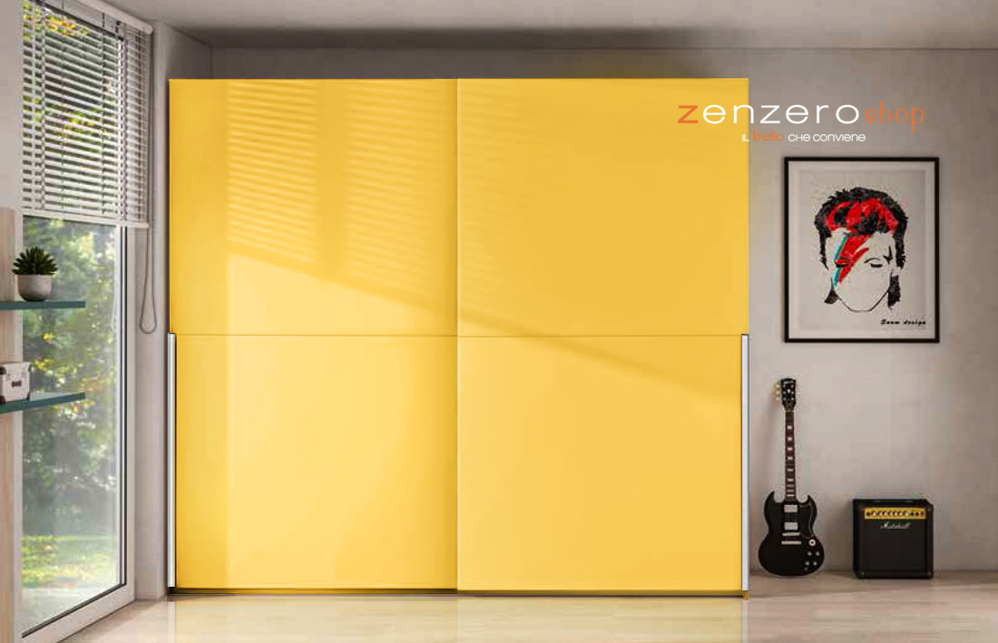 Armadio a 2 ante scorrevoli, finitura Bianco Opaco e Giallo Grano