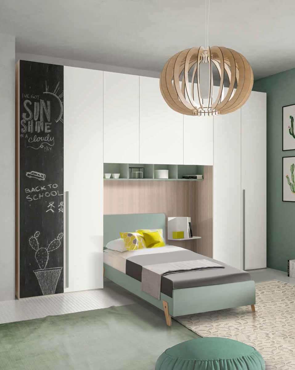 Armadio a ponte con anta lavagna, finitura Bianco e Olmo Natura