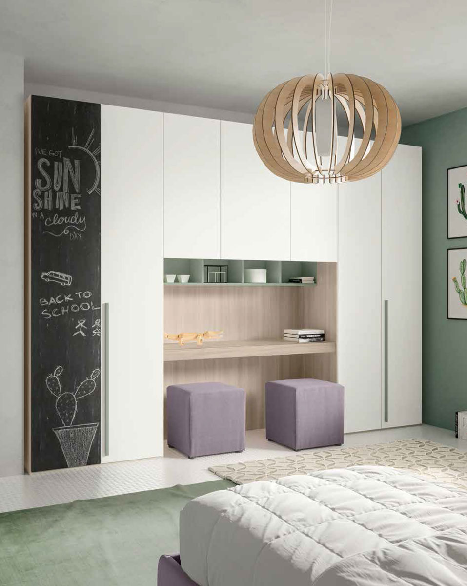 Armadio a ponte con anta lavagna, finitura Bianco e Olmo Natura