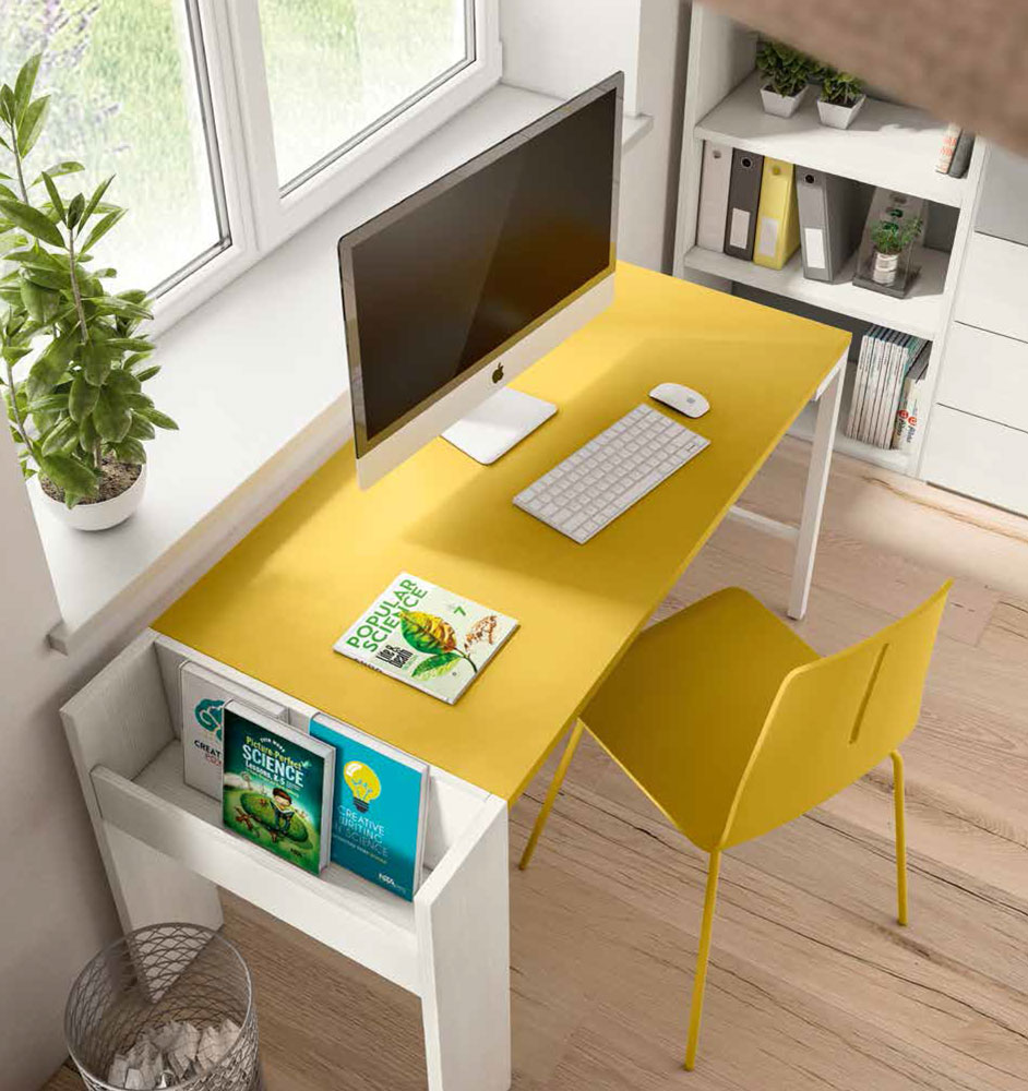 Scrivania con portariviste, finitura Larice bianco e Giallo grano