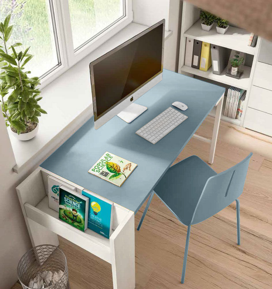 Scrivania RIV con portariviste, finitura Larice bianco e Carta da zucchero