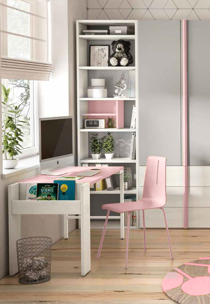 Scrivania RIV con portariviste, finitura Larice bianco e Rosa confetto