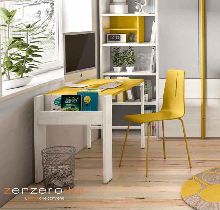 Scrivania con portariviste, finitura Larice bianco e Giallo grano