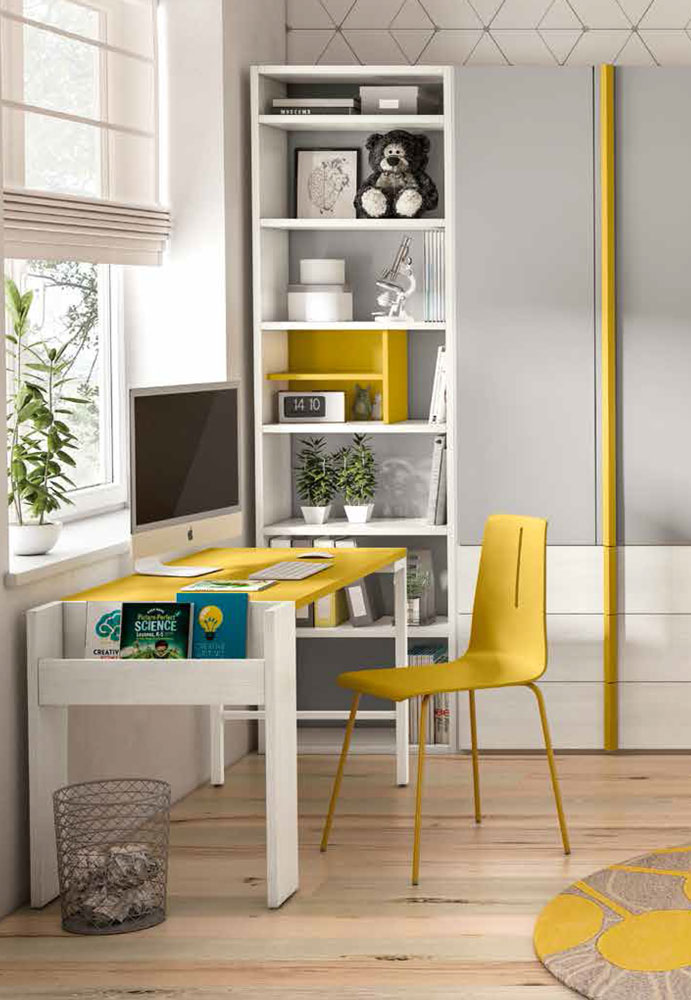 Armadio per camerette con 3 ante battenti e cassetti, finitura Giallo e Grigio seta