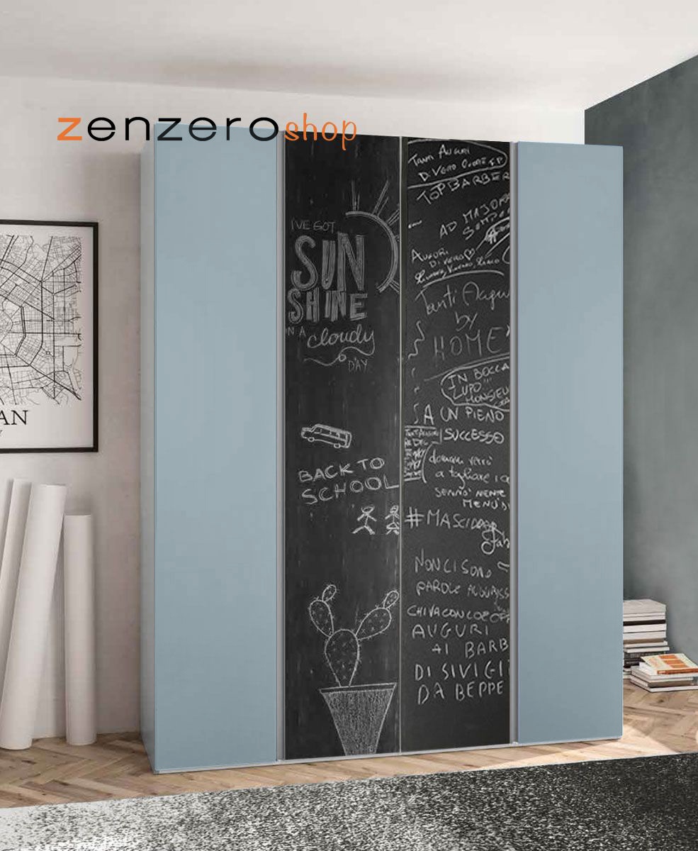 Armadio 4 ante con ante a lavagna e maniglie a gola, colore Carta da zucchero