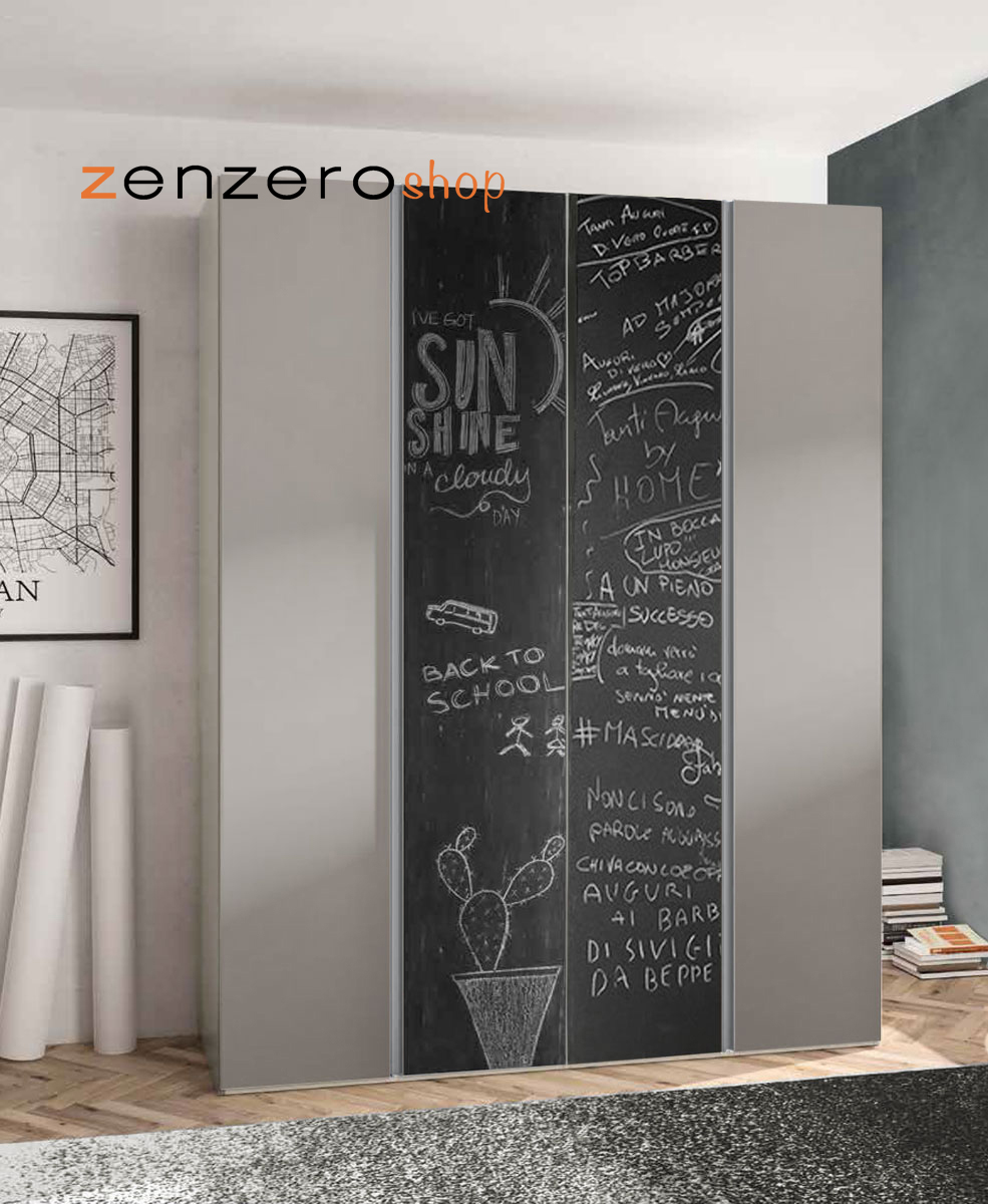 Armadio 4 ante con ante a lavagna e maniglie a gola, colore Grigio seta