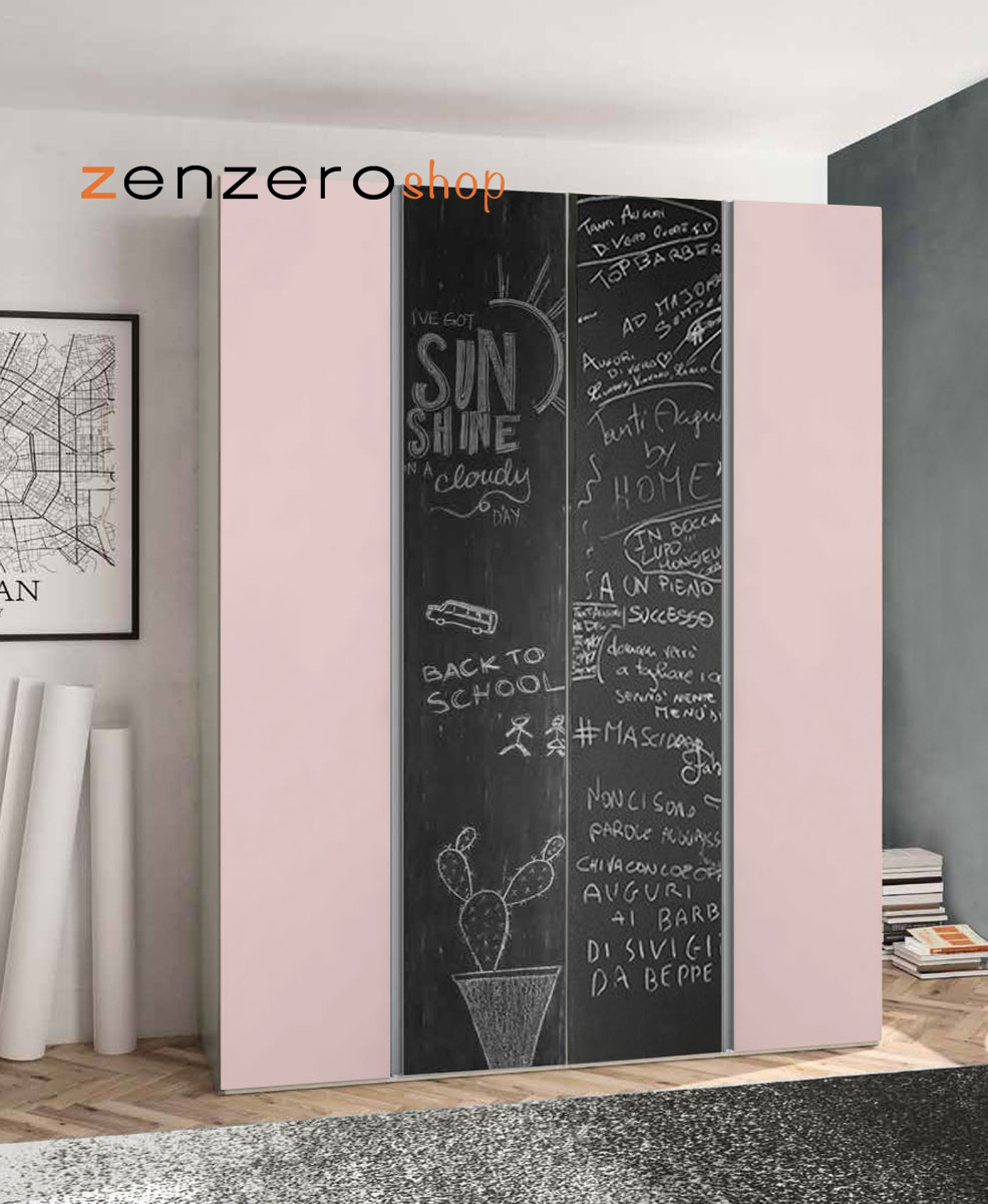 Armadio 4 ante con ante a lavagna e maniglie a gola, Rosa confetto