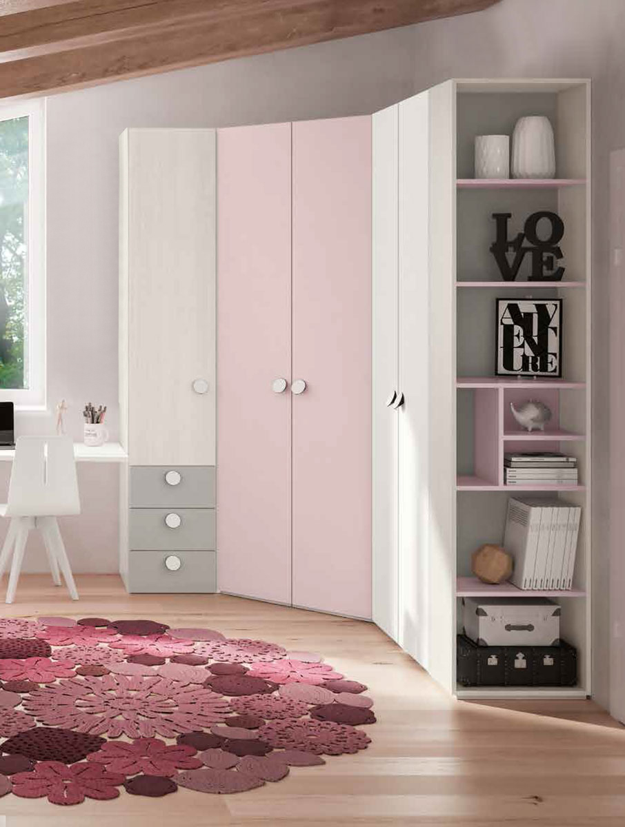 Armadio ad angolo rosa confetto con cassetti e ante battenti